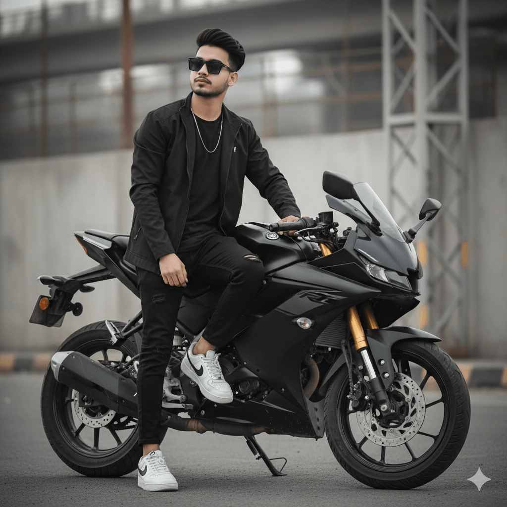 Stylish young man with Yamaha R15 bike in black outfit