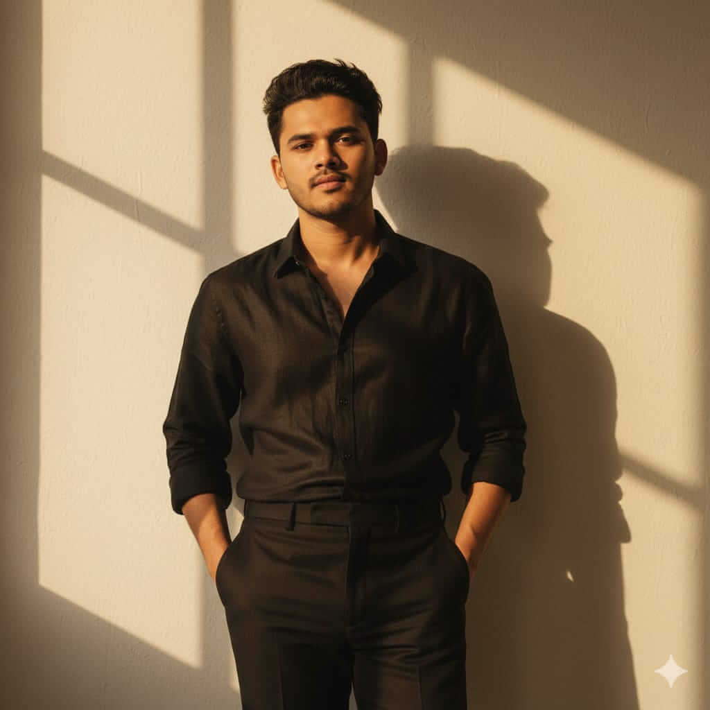 Ultra-realistic portrait of young Indian man in black linen shirt against textured wall