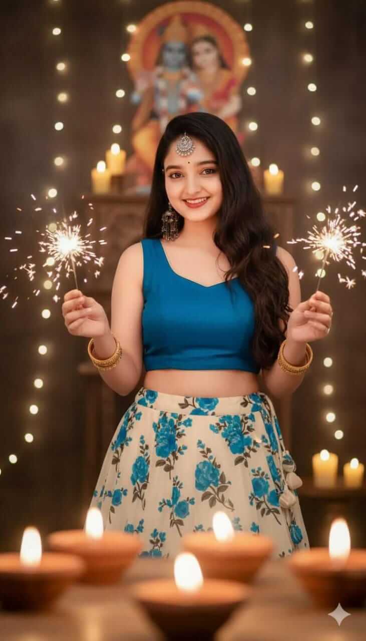 Indian woman in traditional red festive attire holding diya thali