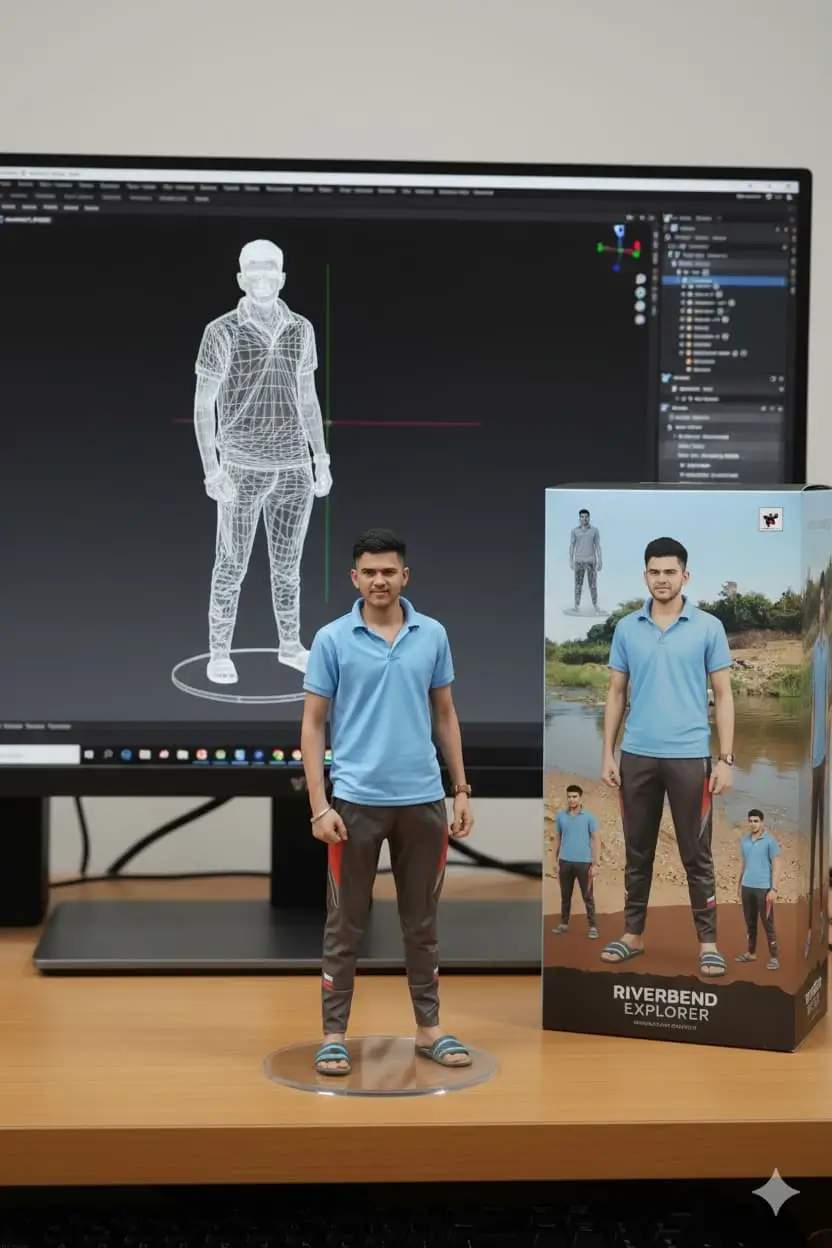 Realistic figurine on computer desk with packaging