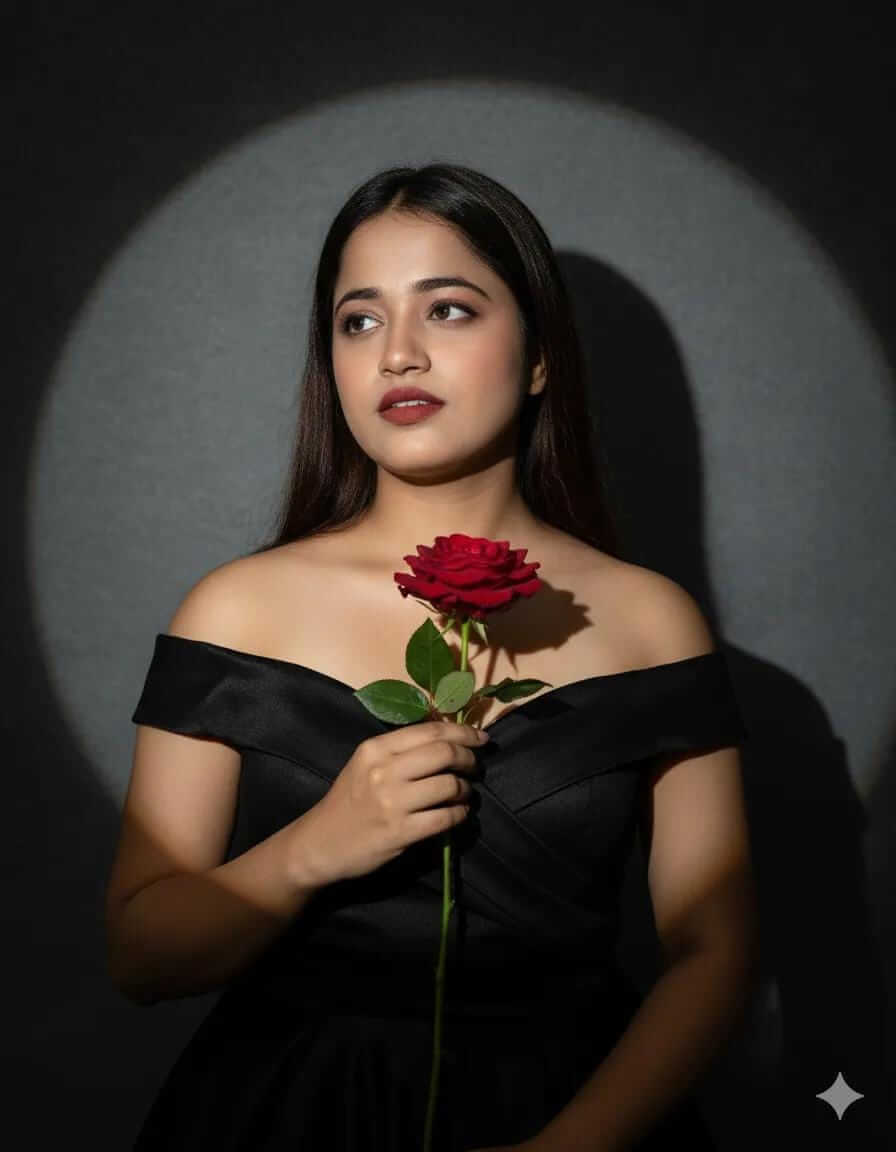 Young woman in black off-shoulder outfit holding red rose