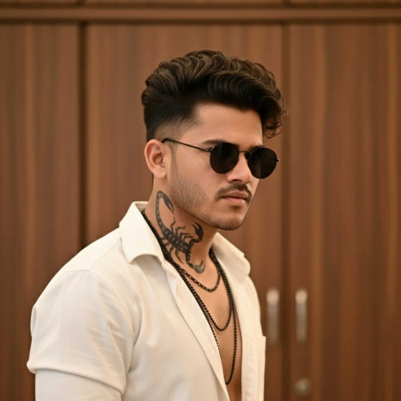 Rugged man with scorpion tattoo and layered chains