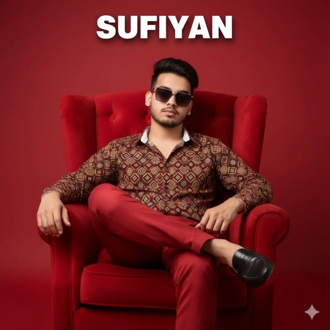 Stylish man in red outfit sitting in red armchair