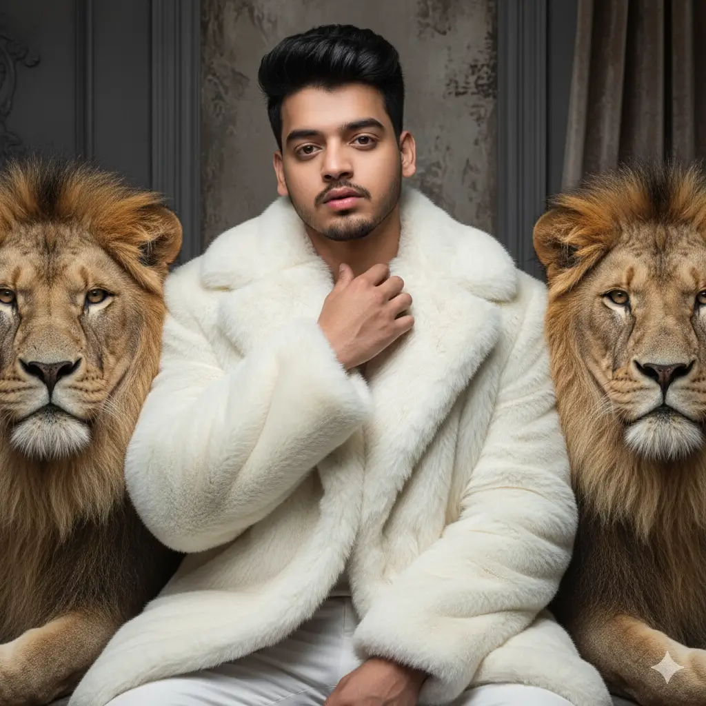 Fashion model with fur coat and lions