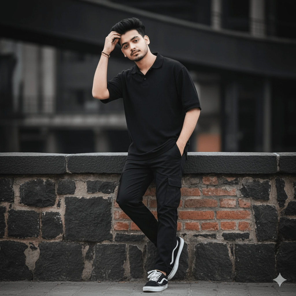 Person leaning against dark urban stone wall