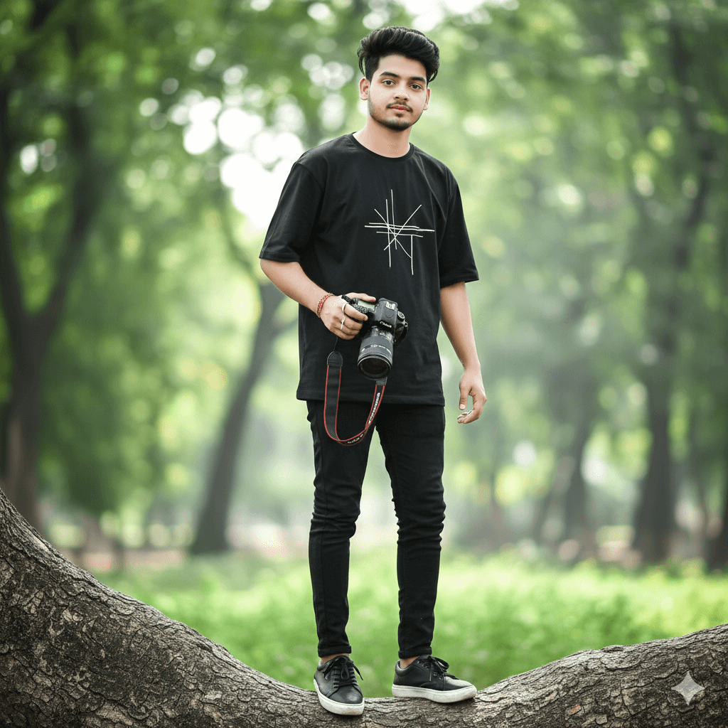 Young person standing on tree trunk holding DSLR camera