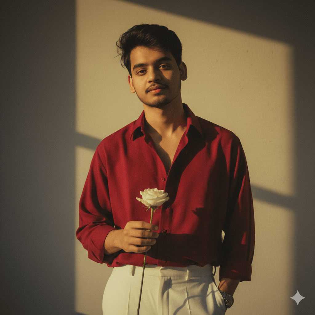 Person in red wine shirt with white rose in windy setting