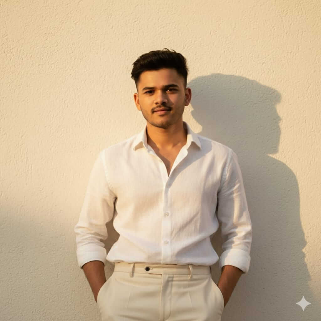 Young Indian man in white linen shirt against textured wall