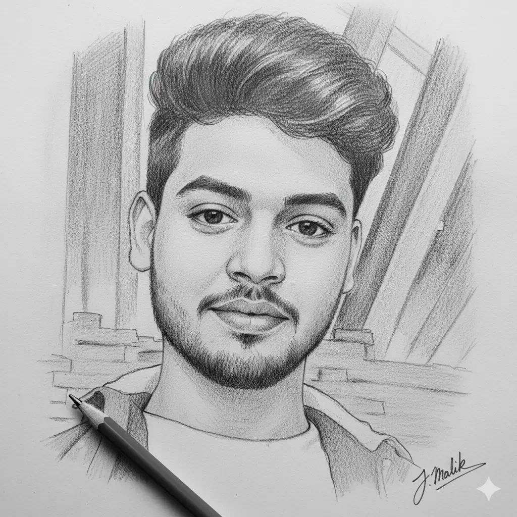 Black and white pencil sketch of bearded man