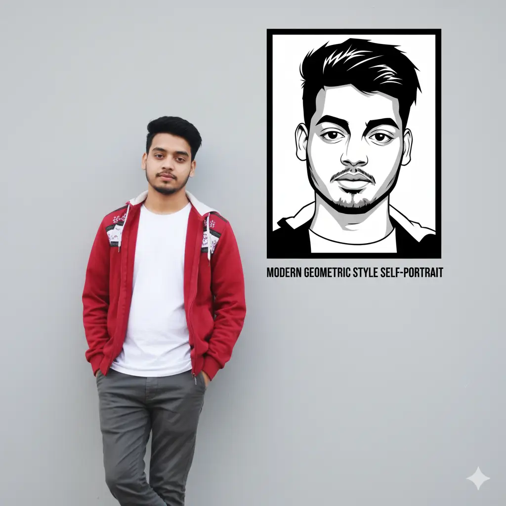 Man leaning against wall with vector portrait artwork