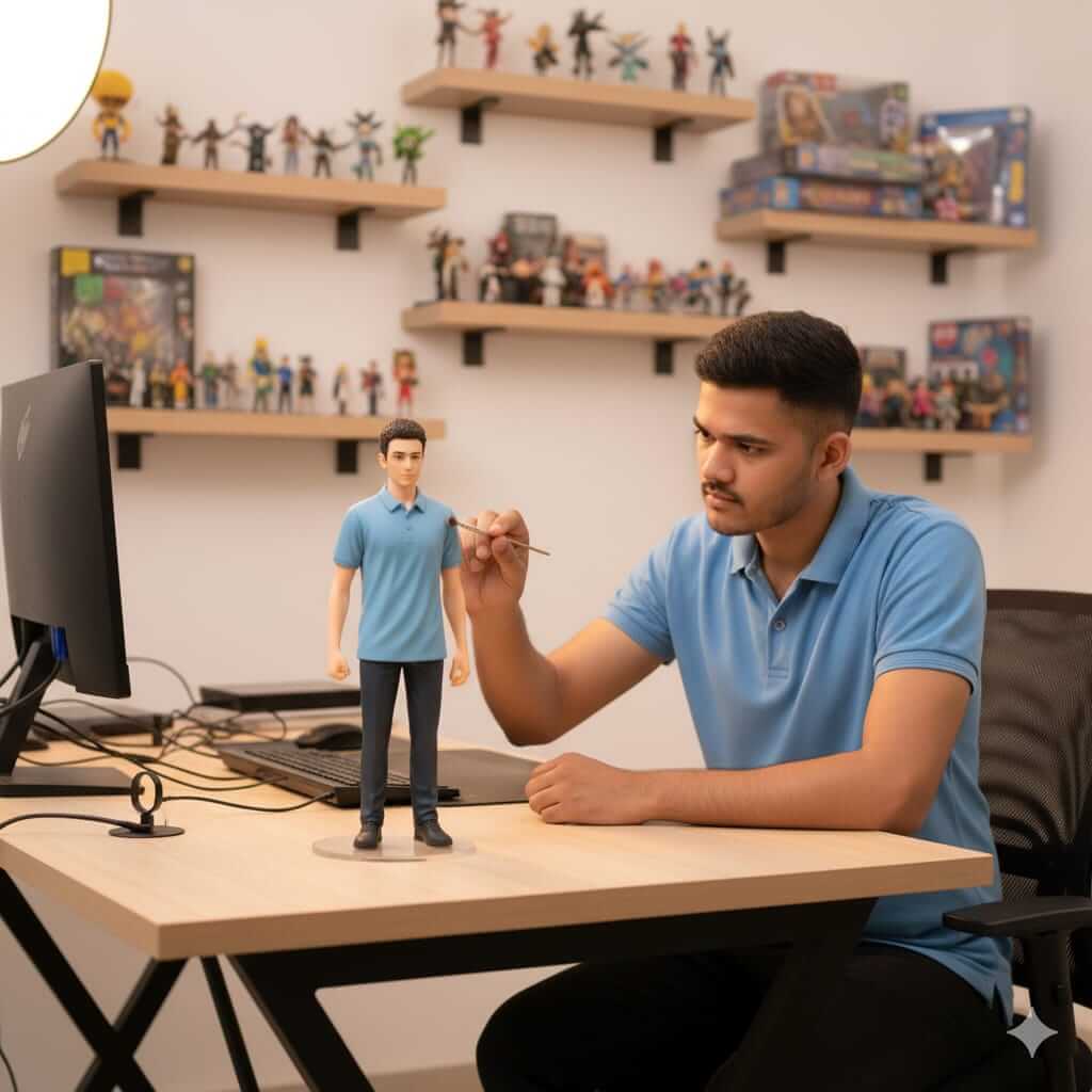 Realistic figurine and man cleaning it on computer desk